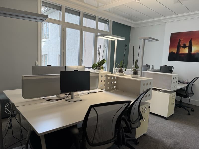 modern office with desks, chairs, monitors, plants, large windows
