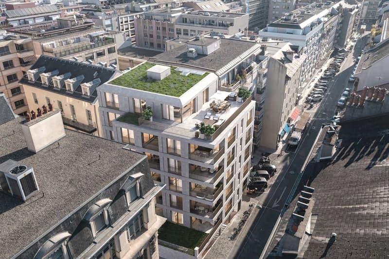 City house, multi-storey, multiple balconies, rooftop garden, large windows, chimneys