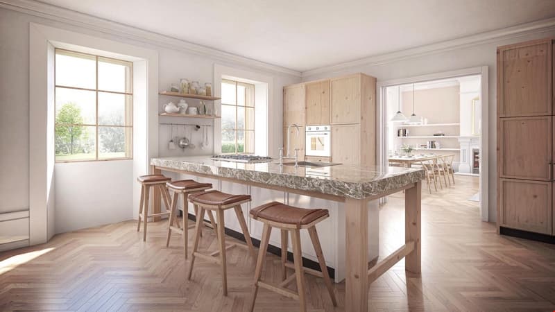 modern kitchen with white walls, marble countertop, wooden stools, central island, open shelving, natural light, and wooden cabinets