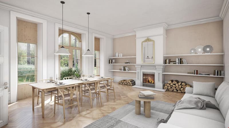Parquet floor, fireplace, dining table, bookshelves, sofa, lamps