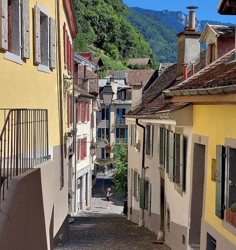 Narrow street with buildings on both sides, cobblestone pavement, people walking, greenery, mountains in the background