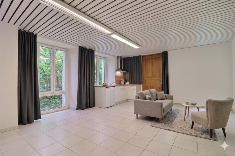 Open living room with kitchen, couch, chair, rug, table, windows, tiled floor, ceiling lights
