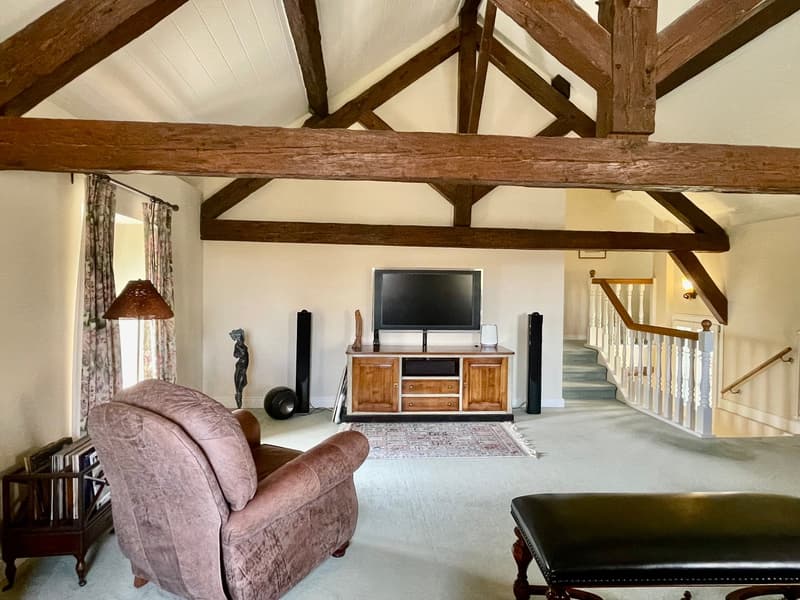 Spacious living room with exposed wooden beams, a large TV console, a plush sofa, and a decorative rug on the floor. The room has a cozy and rustic feel with the wooden elements and the fireplace visible.