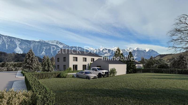 Belle villa jumelle de 7.5 pièces, avec permis de construire en force, vue sur les Alpes à 180° et sur les Dents du Midi, parcelle privative de plus de 1000 m2 (1)