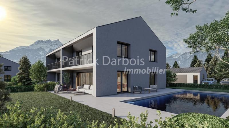 Belle villa jumelle de 7.5 pièces, avec permis de construire en force, vue sur les Alpes à 180° et sur les Dents du Midi, parcelle privative de plus de 1000 m2 (2)
