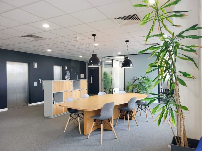The image shows a modern and stylish office space with a large wooden table, gray chairs, and a plant in the corner. The room has a suspended ceiling with recessed lighting and a storage unit with a mix of wood and metal elements. The overall design appea