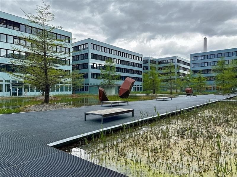 Outdoor space between buildings, benches, trees, water features, modern buildings
