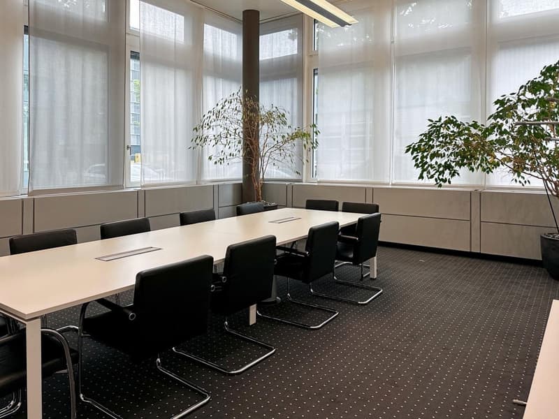An empty conference room with a long table and chairs, white walls, and large windows covered by white curtains. Two potted plants are positioned between the windows.