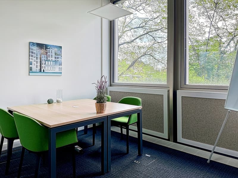 meeting room with a table and four green chairs, plants on the table, large windows, and a whiteboard