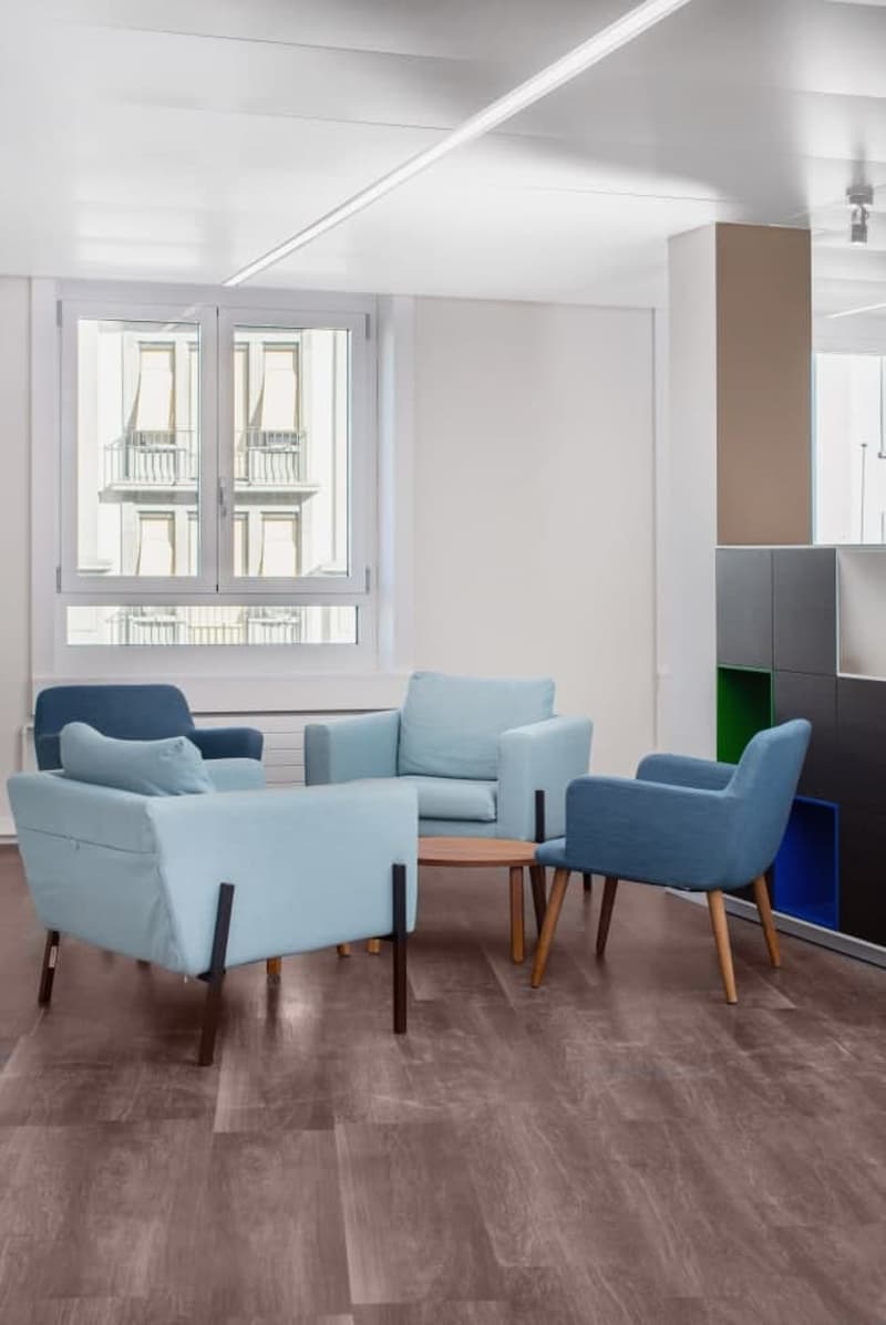 Spacious living room with large windows, light-colored furniture including sofas and armchairs, wooden flooring, and a minimalist design aesthetic.