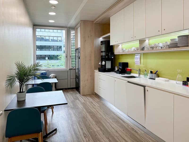 Spacious kitchen with white cabinets, wood-like flooring, and a dishwasher. Large windows provide natural light and a view of the surrounding buildings.