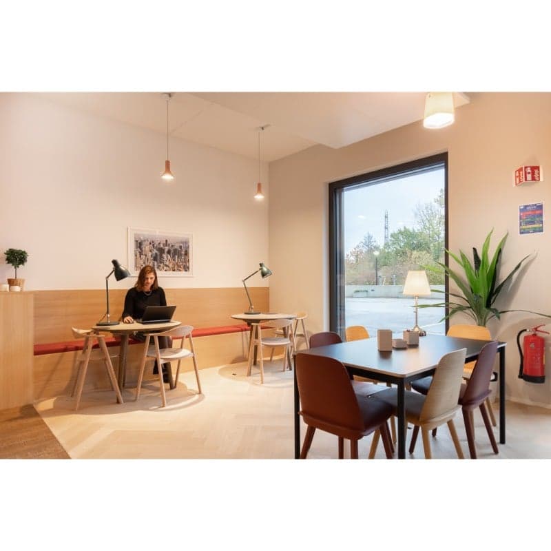 Bright and modern office space with large windows, wooden tables and chairs, a laptop on one of the tables, and a potted plant in the corner. The space appears to be used as a coworking or shared office environment.