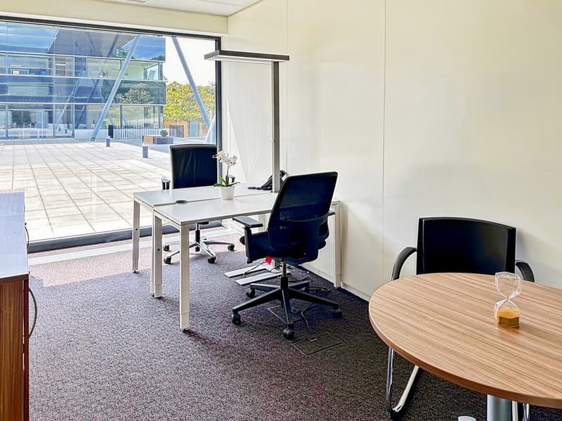 Office with two desks, chairs, and a round table, large window with view of the outside