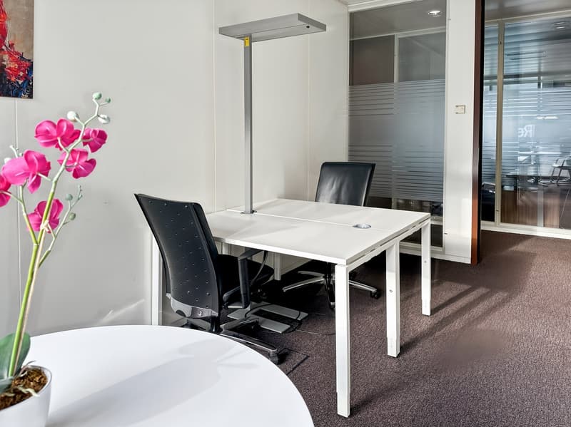modern desk with ergonomic chairs, overhead lighting, and a white table with a flower vase