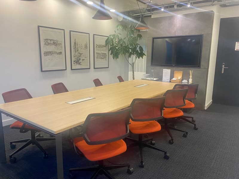 conference room with long table, chairs, wall art, TV, plant, and carpeted floor