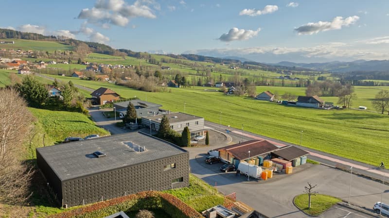Aerial view of a rural area with several houses, a parking lot, and a road surrounded by green fields and mountains in the distance.