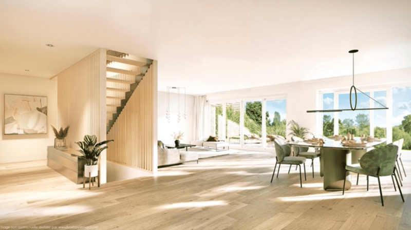 open floor plan, dining area, living area, wooden floor, staircase, large windows, plants