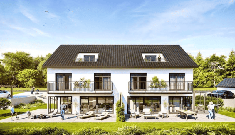 2 story house, white exterior, black roof, balconies, large windows, garden, patio, lounge chairs, table, car parked