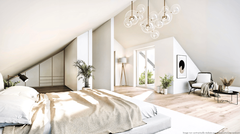 bedroom with bed, lamps, plants, chandelier, wooden floor, sliding glass door, balcony