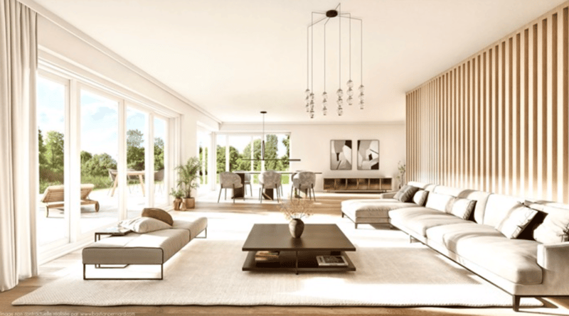 modern living room, large windows, white walls, wooden floor, white couch, coffee table, pendant lights, plants