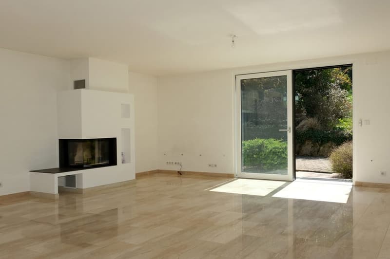 wooden floor, fireplace, sliding glass door, white walls