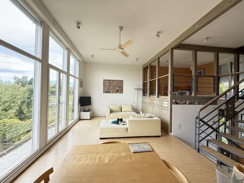 Spacious living area with large windows, wooden floor, white walls, ceiling fan, two sofas, dining table, TV, stairs leading to upper floor