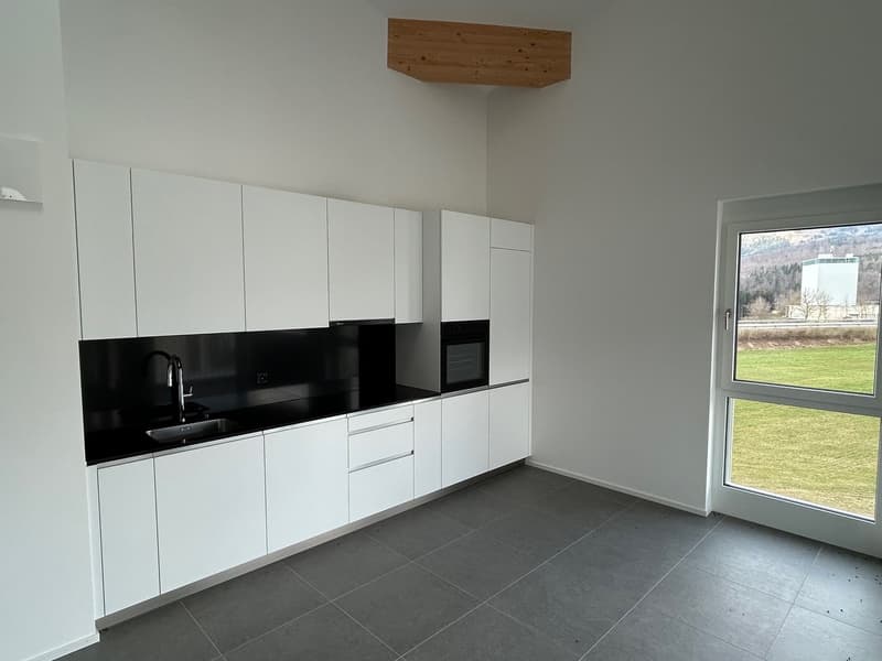 Modern, minimalist kitchen with white cabinets, black countertops, built-in appliances including a dishwasher, and large windows overlooking a grassy outdoor area.