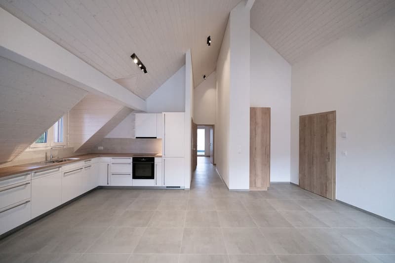 empty kitchen, white tiles, white cabinets, oven, sink, wooden counter