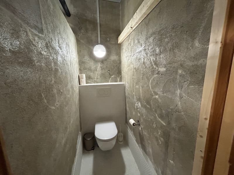 A small bathroom with concrete walls, a toilet, a trash bin, a toilet paper holder, and a small wooden ceiling beam.