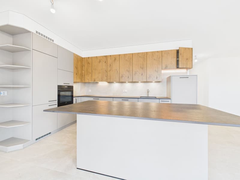 modern kitchen, island with large countertop, wooden cabinets, stainless steel appliances, tiled backsplash, ample storage