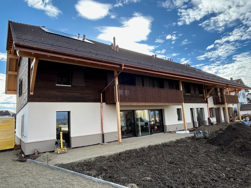 New construction, wooden exterior, modern design, solar panels on roof, wooden balcony, glass doors and windows