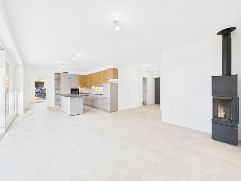 Open concept kitchen, island, modern appliances, fireplace, light tiles