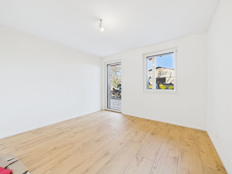 wooden floor, white walls, glass doors, balcony, ceiling lamp