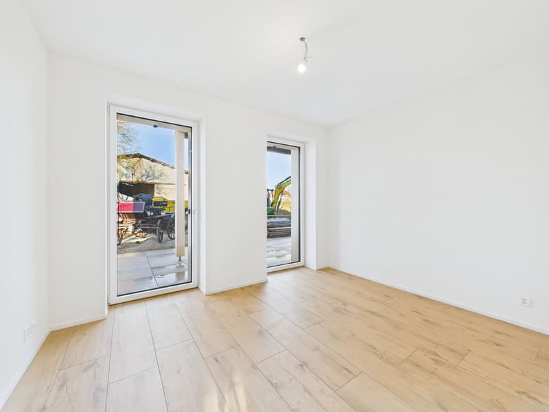 large windows, balcony, wooden floors, modern design