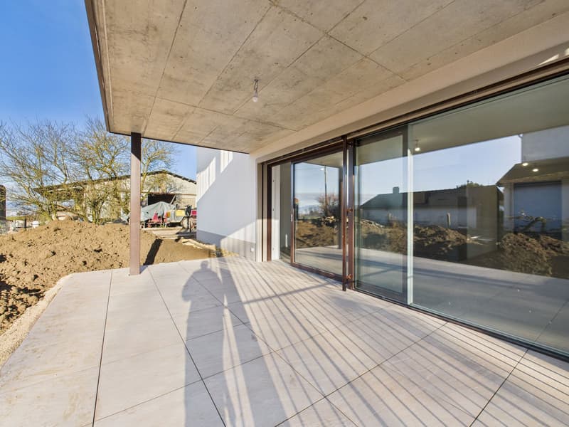 modern house with concrete tiles flooring, sliding glass doors, glass walls, ceiling light, terrace