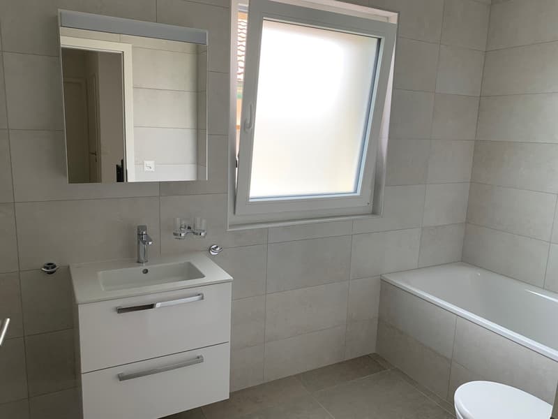 Modern bathroom with a sink, mirror, bathtub, window, and toilet