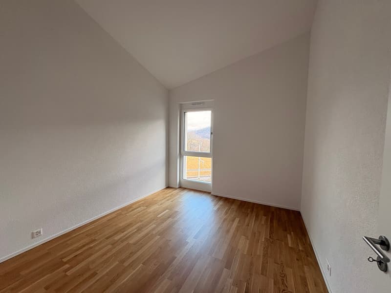 Empty room with white walls, wooden floor, glass window, power outlet