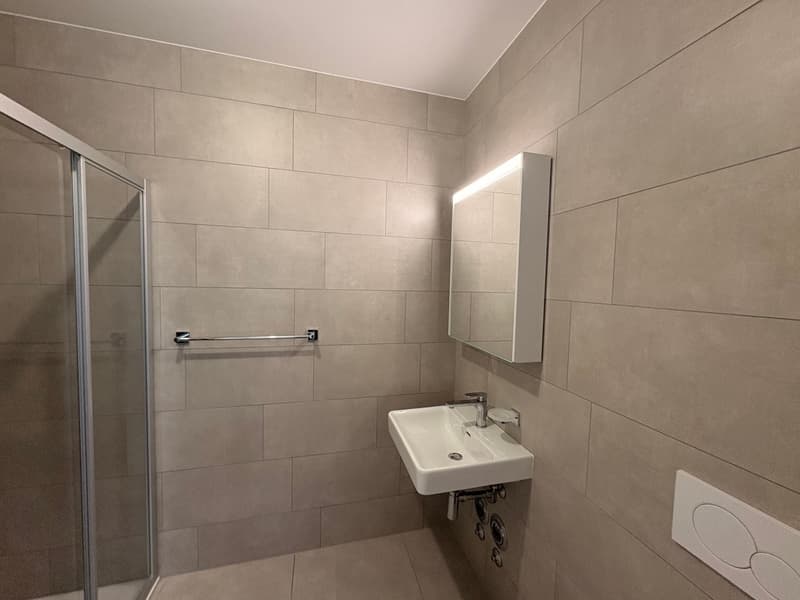 Bathroom with a glass shower door, sink with faucet, mirror above the sink, and a towel rack on the wall.