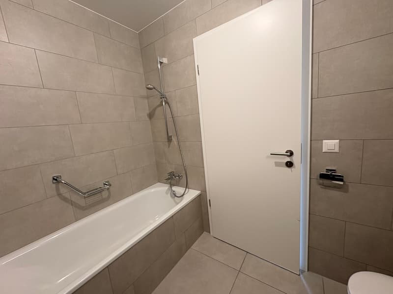 tiled walls and floor, shower head and hand held shower, bathtub, white door