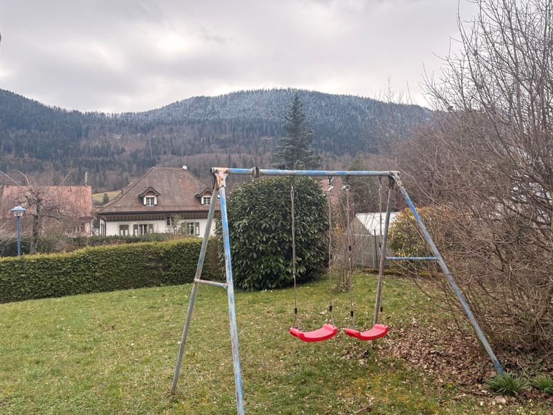 a double red swing in the garden, with mountains and a house in the background