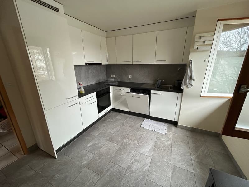 modern kitchen with white cabinets, black countertops, gray tiles, dishwasher, washing machine, sink, faucet, window