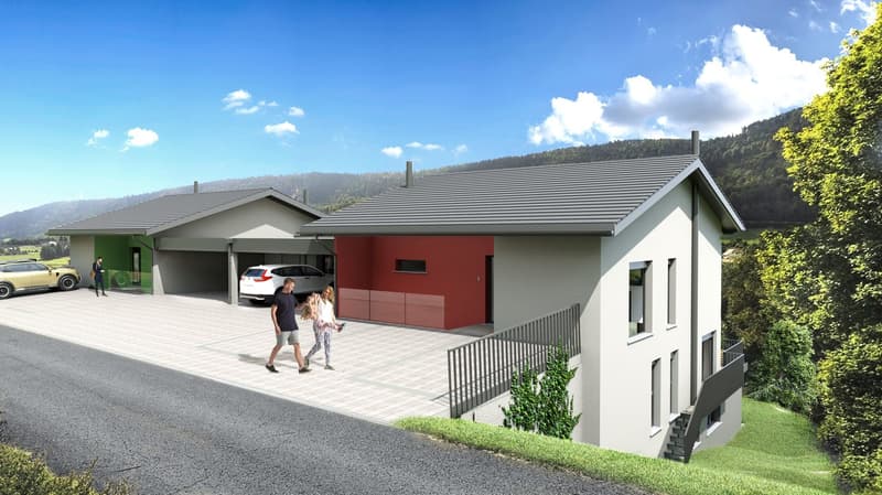 Two story house, two garages, red and white exterior, driveway, two cars parked