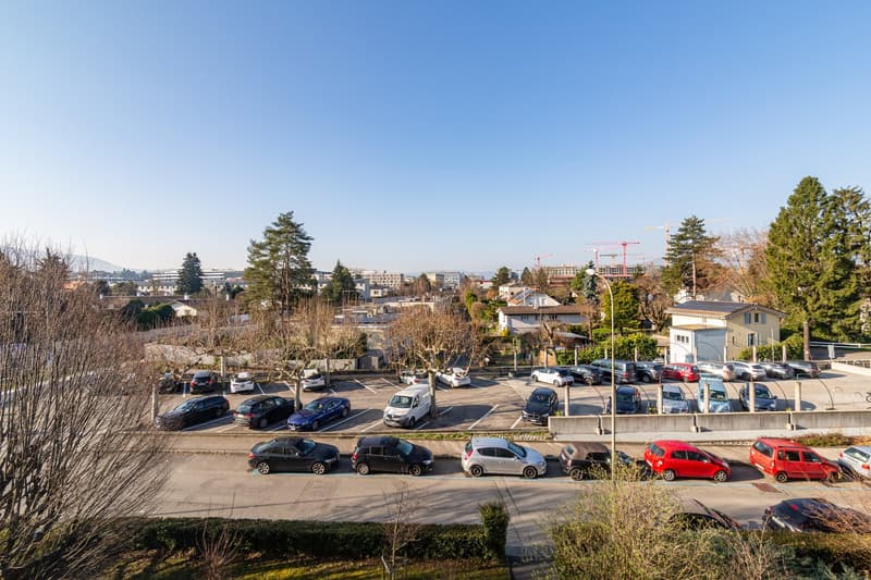 Aerial view of a parking lot with many cars parked in rows, surrounded by trees and bushes, with a building in the distance.