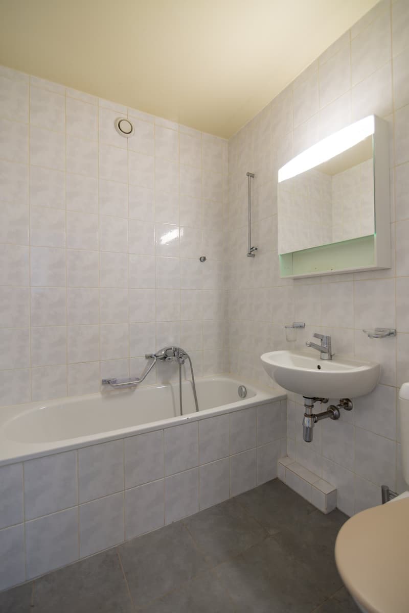 Bathroom with bathtub, sink, mirror, and toilet