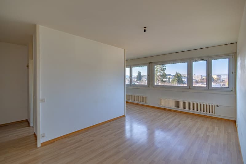 empty room, wooden floor, white walls, large windows, radiators
