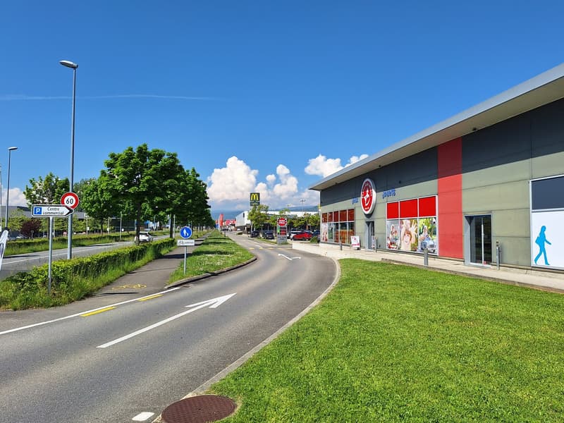 The image shows a commercial area with a McDonald's restaurant and other retail stores. There is a paved road with a speed limit sign, and a parking area. The area is surrounded by green trees and grass, creating a pleasant outdoor environment.
