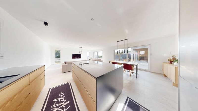 modern kitchen with island, white walls, wooden cabinets, stainless steel countertops, large windows, dining area with table and chairs, living room with couch and TV