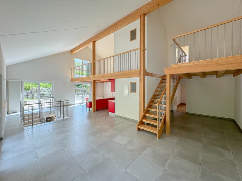 Duplex de 6 pces - cuisine ouverte sur le grand séjour équipé d'un poêle à bois - magnifique hauteur sous-plafond