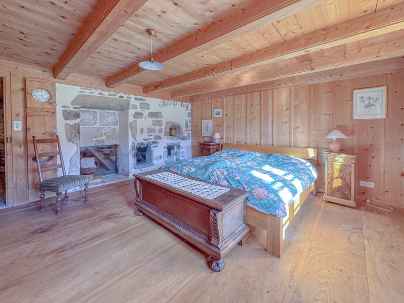 Grande chambre avec mur en pierre au rez