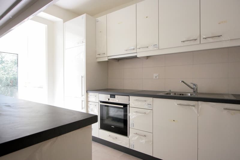 Modern white kitchen with electric stove, oven, sink, dishwasher, counter, tiles and window